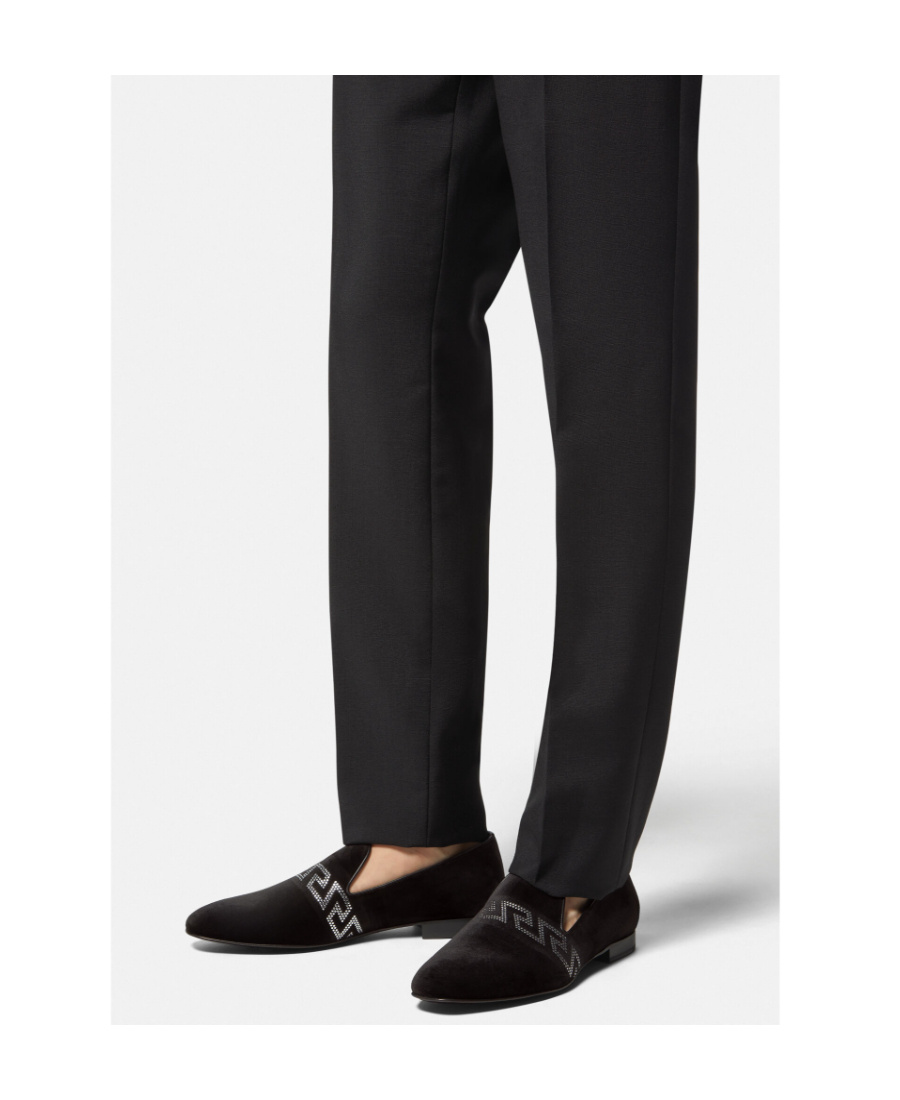 Versace Studded Greca Velvet Loafers In Black