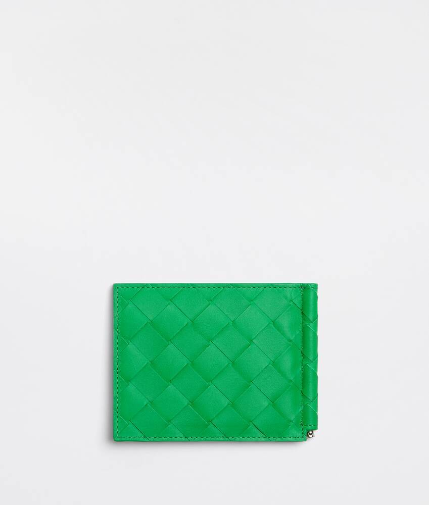 Bottega Veneta Logo Leather Knitted Folding Wallet In Green
