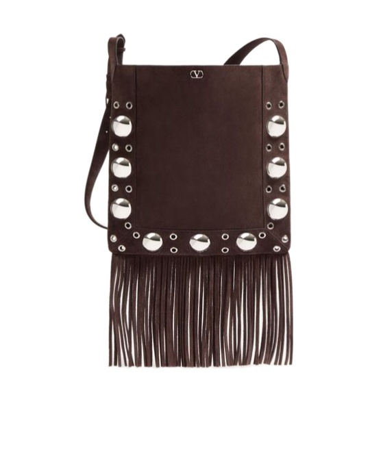 Valentino Fringed Eyelet-embellished Suede Shoulder Bag In Brown
