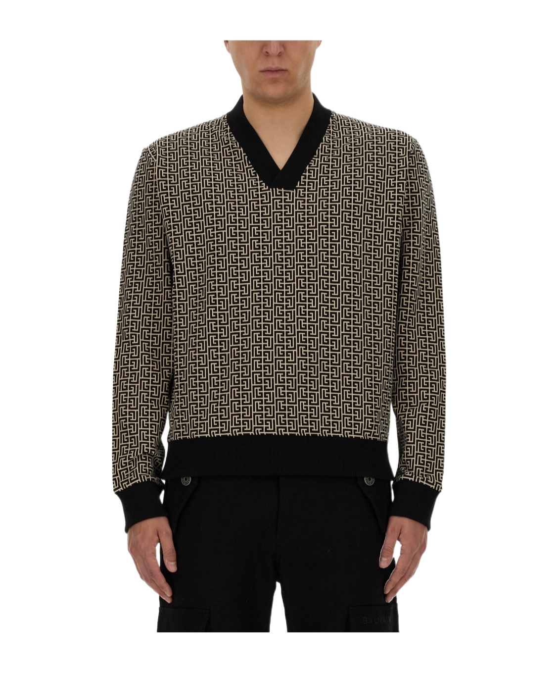 Balmain Geometric Monogram Jersey With Deep V-neckline In Black