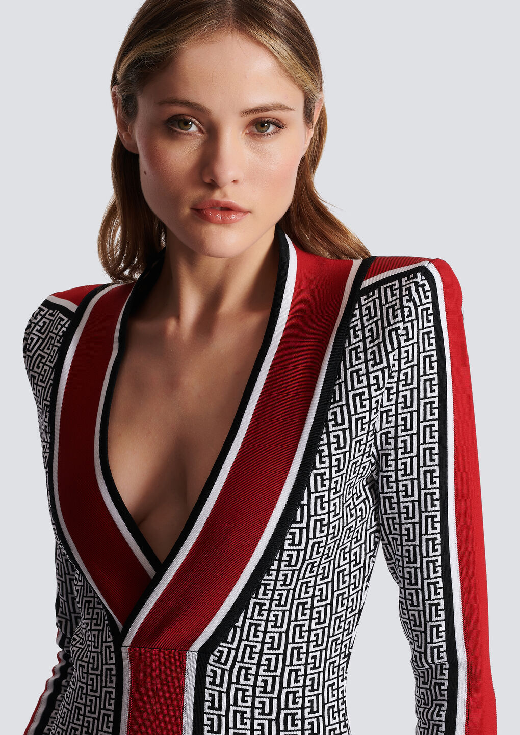 Balmain V-neck Monogram Knitted Minidress In Black