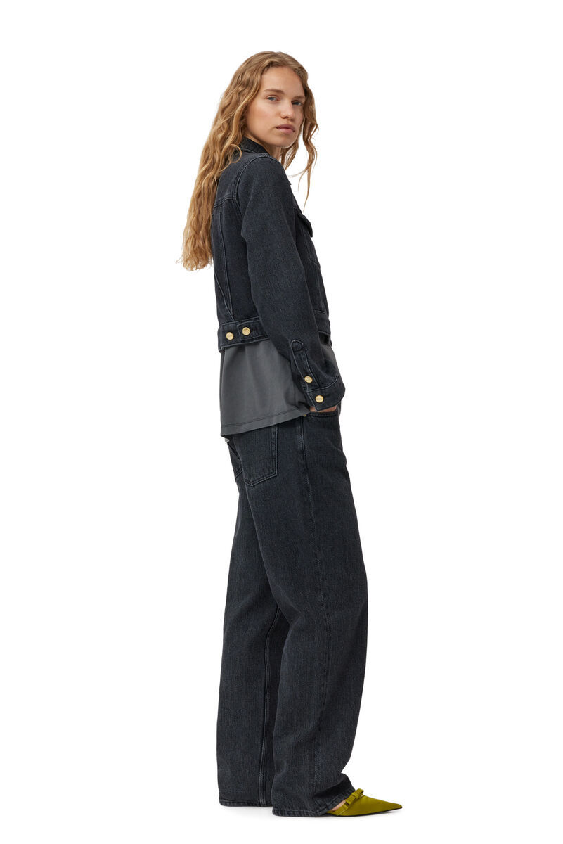 Shop Ganni Washed Black Heavy Cropped Denim Jacket