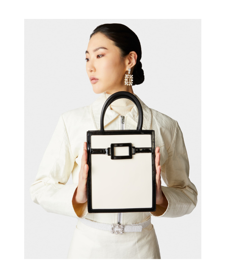 Roger Vivier Belle Vivier Voyage Lacquered Buckle Mini Tote Bag In White