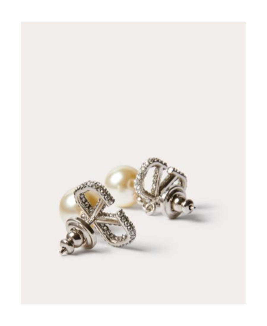 Valentino Vlogo Signature Metal Earrings With Crystals And Pearls In Swarovski Crystal In Metallic