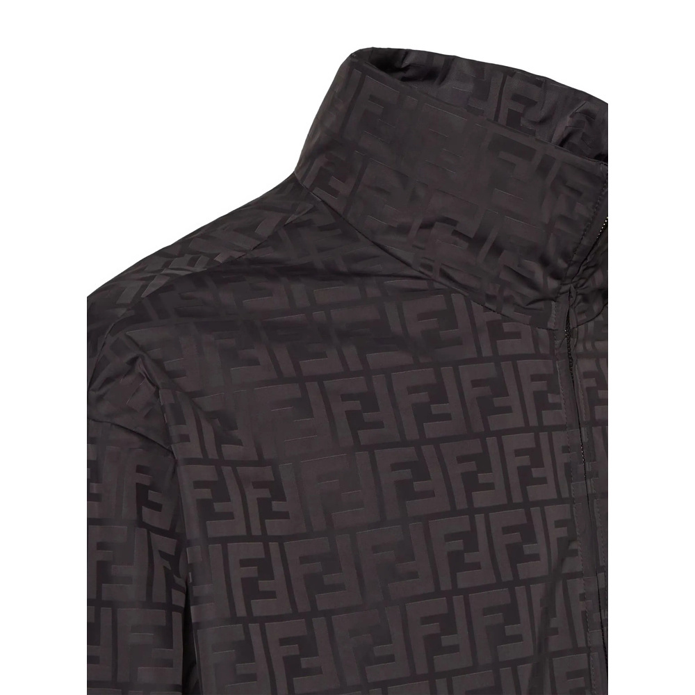 Fendi Men Black Jacket With High Neck And All-over Ff Motif In Tech Fabric Man In Black