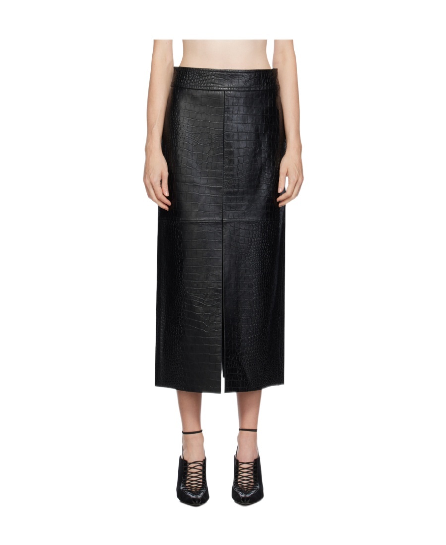 Helmut Lang Black Embossed Leather Midi Skirt In Black