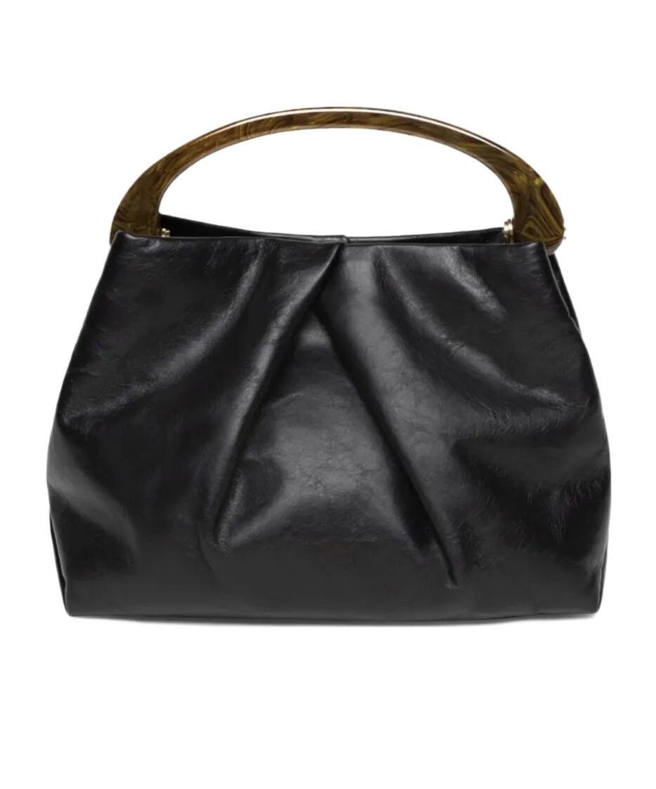 Dries Van Noten Pleated Leather Hand With Resin Top Handle Bags In Black