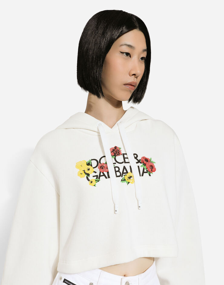 Dolce & Gabbana Floral Logo-print Cropped Cotton Hoodie In White