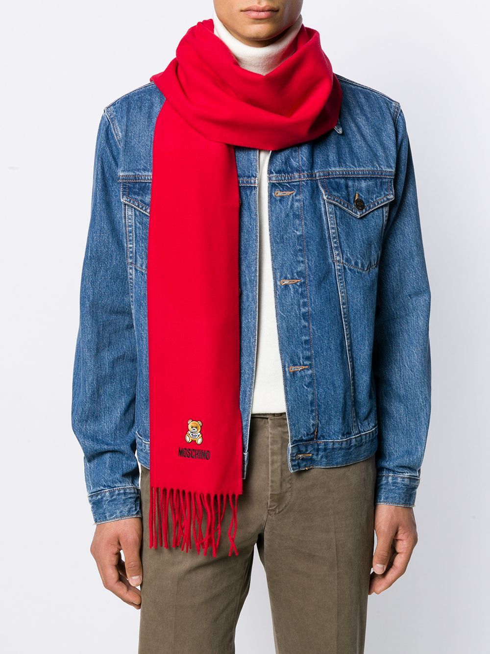 Moschino Logo-embroidered Fringed Scarf In Red