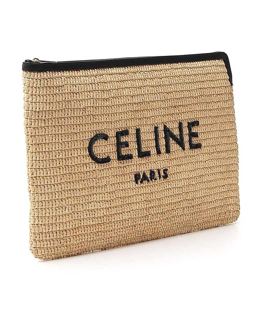 Celine Large Pouch In Raffia And Natural Calfskin