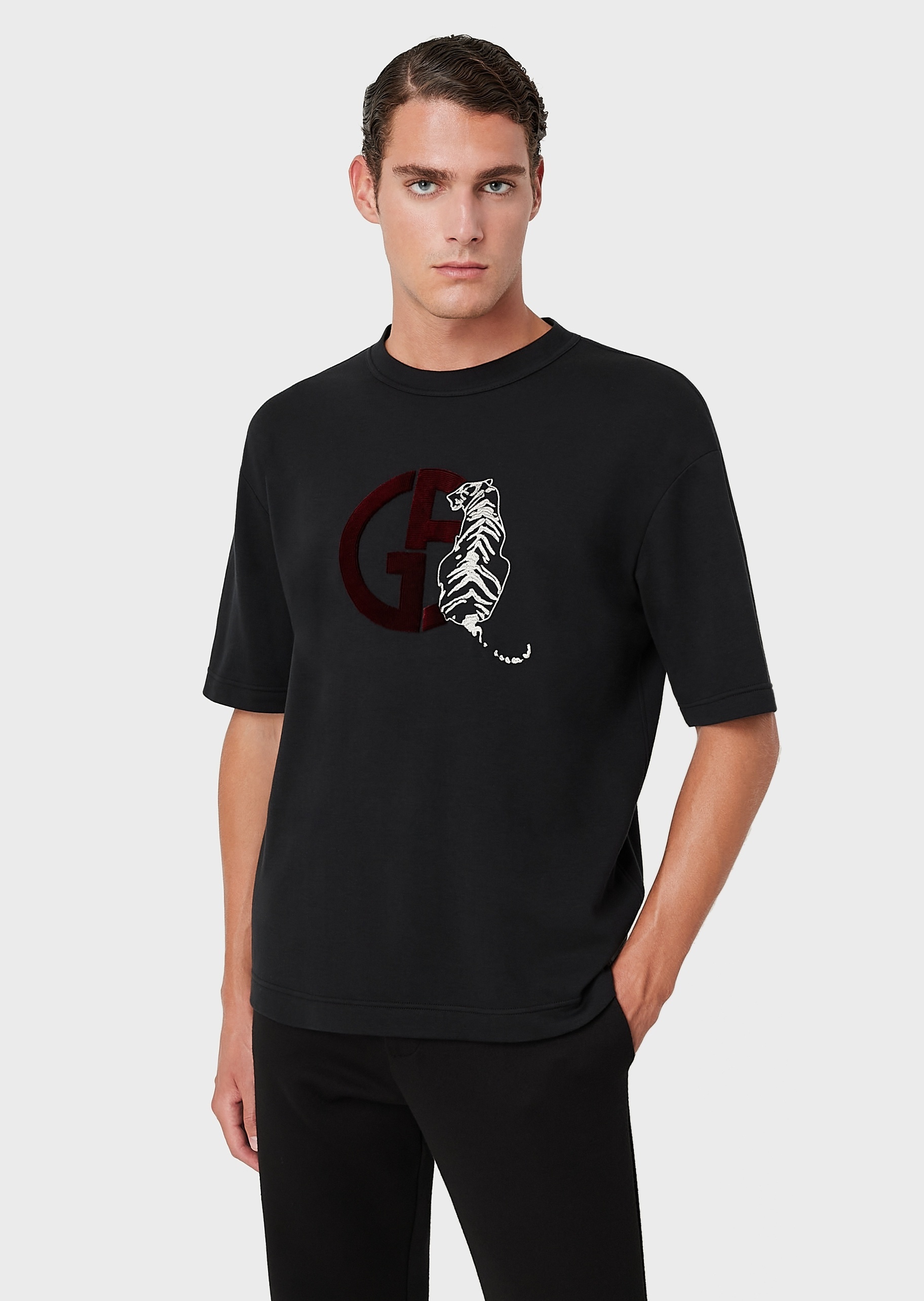 Giorgio Armani Embroidered Tiger Logo T-shirt In Black