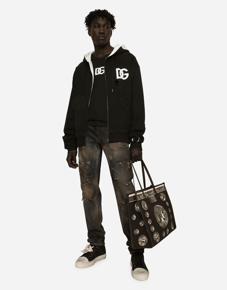 Dolce & Gabbana Dg Logo Print Jersey Hoodie With Zipper In Black