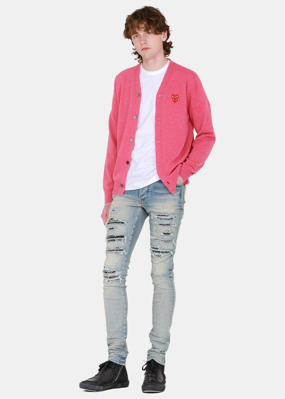 Comme Des Garçons Play Embroidered Ribbed Cuffs And Hem Sweater In Pink