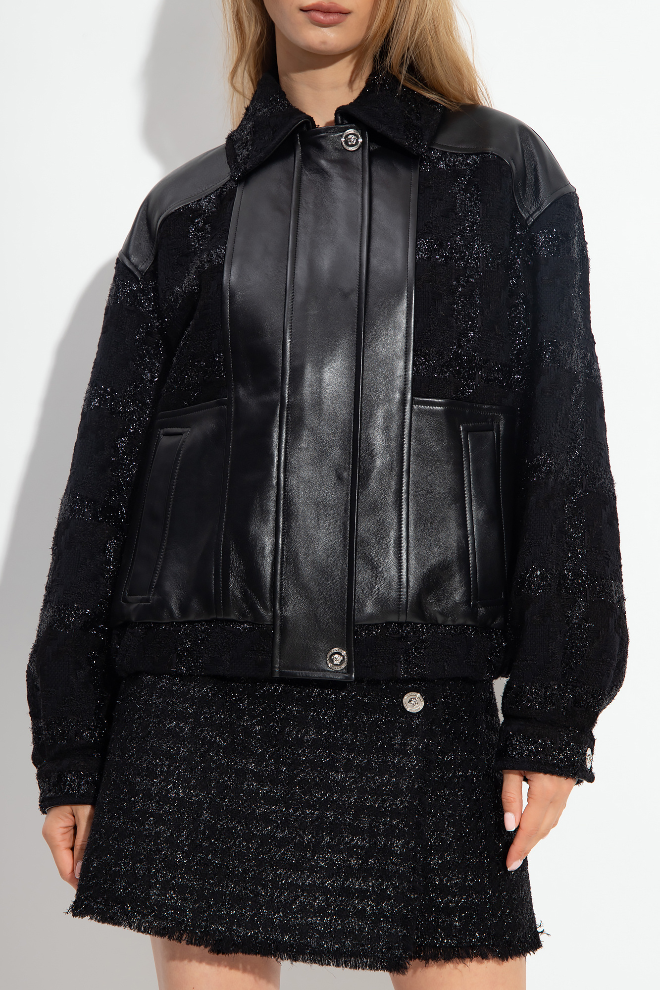 Versace Glitter-detail Leather Bomber Jacket In Black
