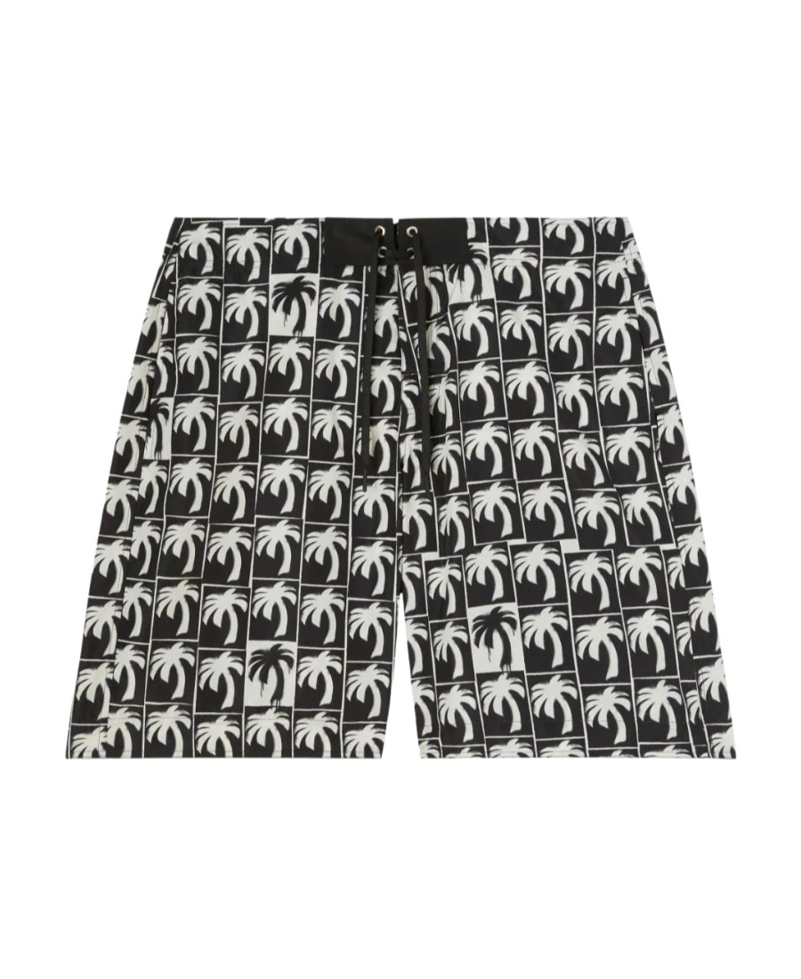 Palm Angels Logo Printed Drawstring Swim Shorts In Black