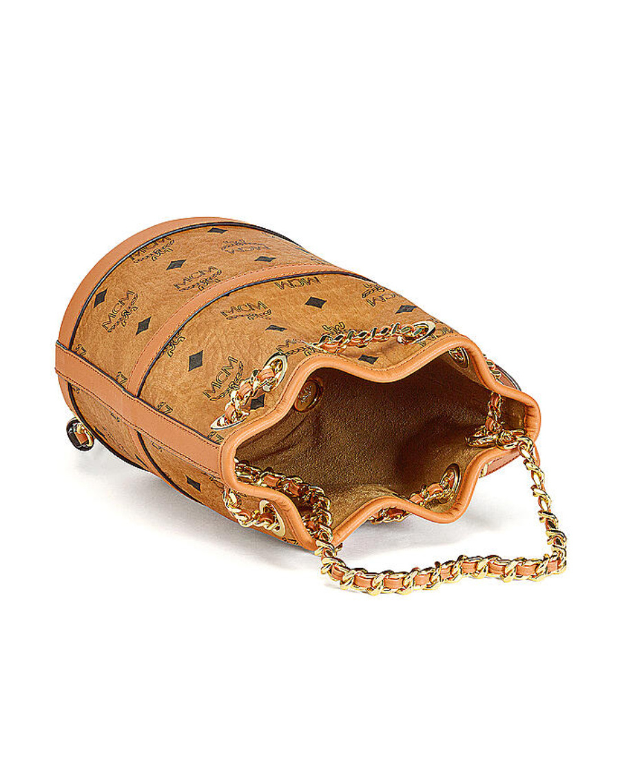 Mcm Printed Synthetic Leather Aren Chain Bucket Bag In Brown