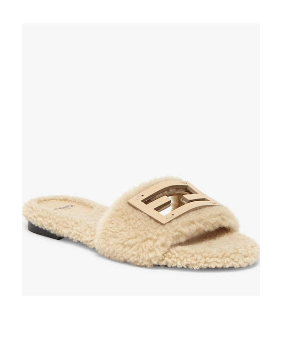 Fendi Baguette Ff-motif Sheepskin Slides In Nude