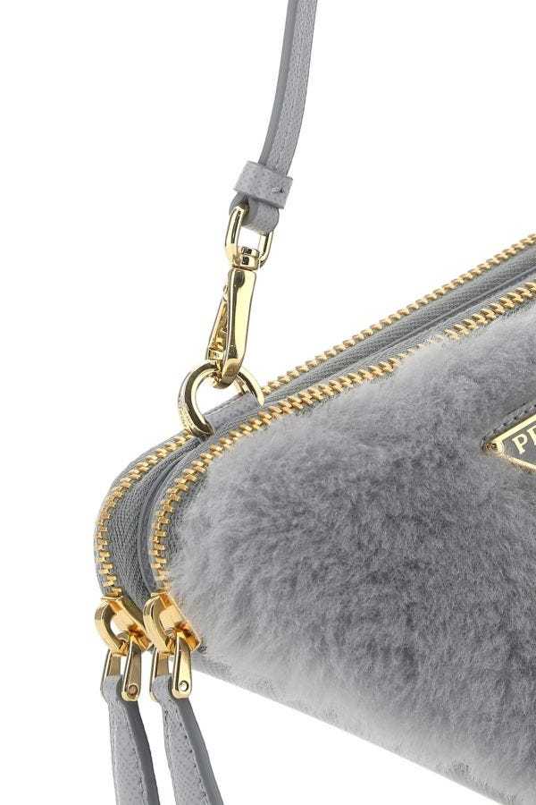 Prada Mini Shearling Crossbody Bag In Gray