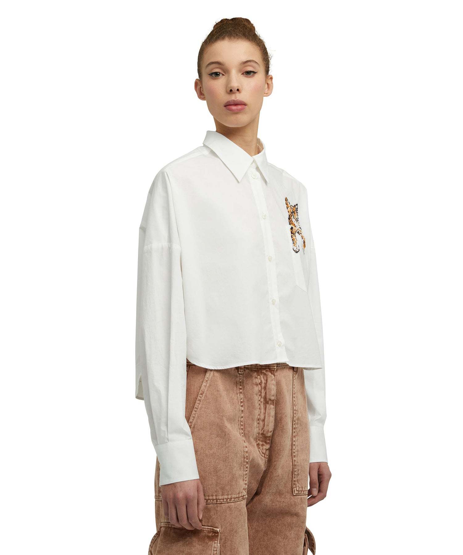 Msgm Sequin-embellished Cat Cotton Shirt In White