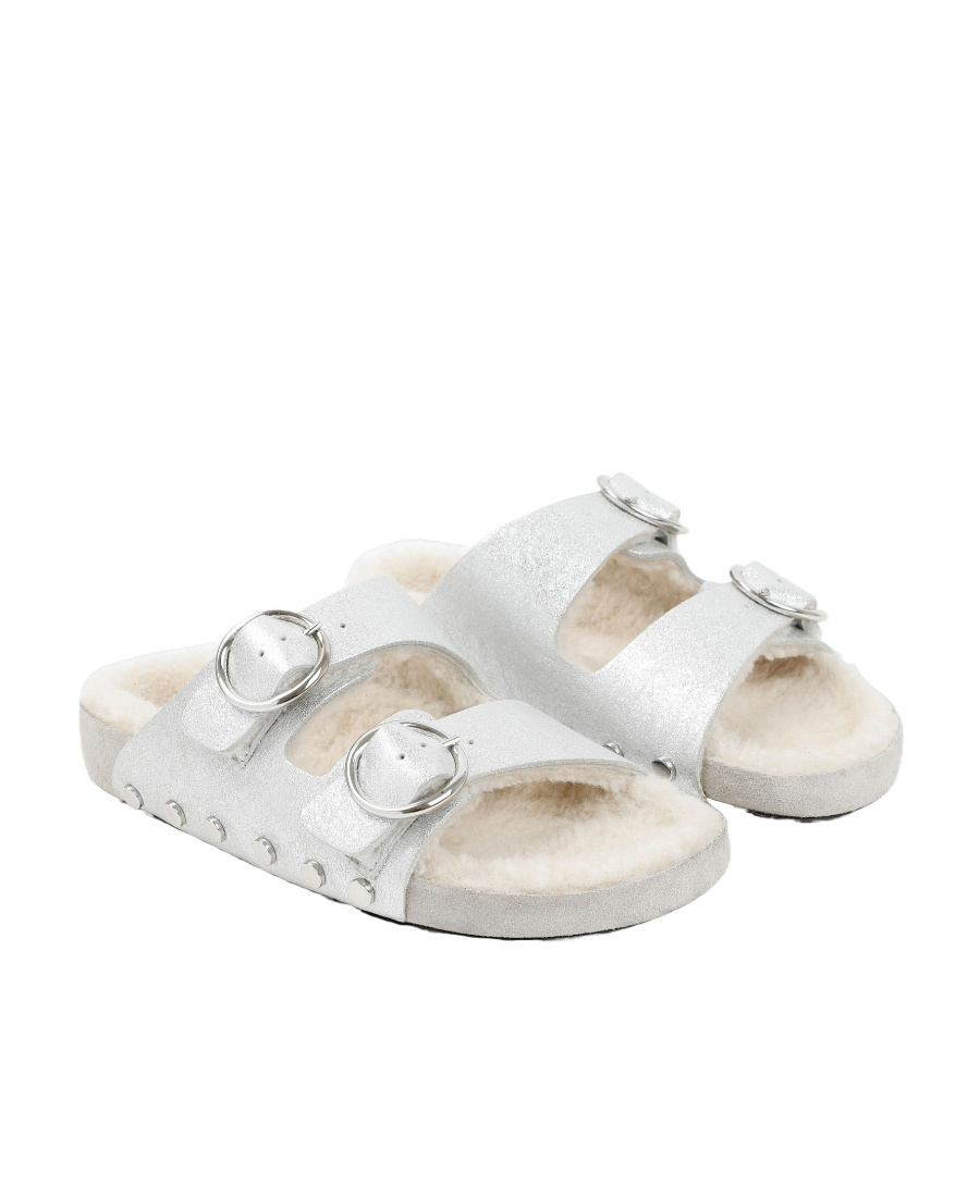 Isabel Marant Lennyo Studded Slide Sandal With Genuine Shearling Lining In White