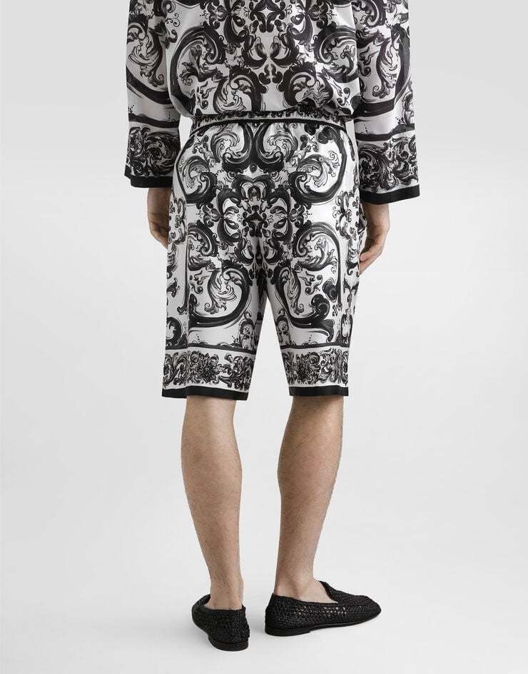 Dolce & Gabbana Maiolica Black And White Shorts With Elastic Drawstring Closure And All-over Print In Silk Man