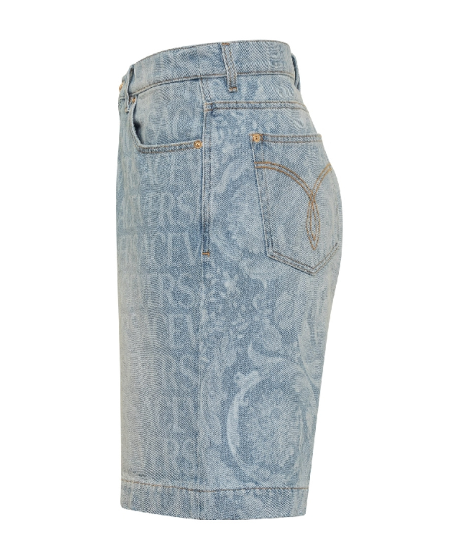 Versace All-over Logo Denim Shorts In Gray