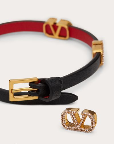 Valentino Garavani Crystal Vlogo Leather Bracelet In Black