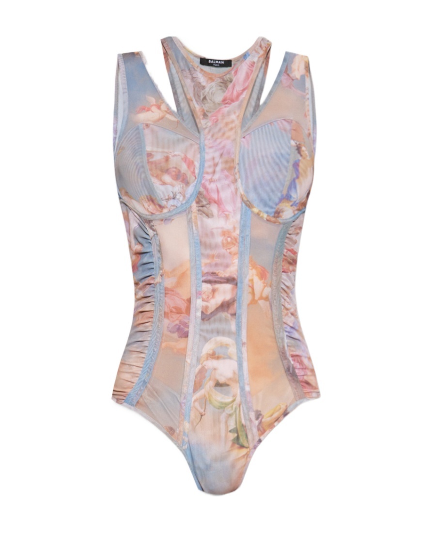 Balmain Sky Printed Tulle Top In Nude
