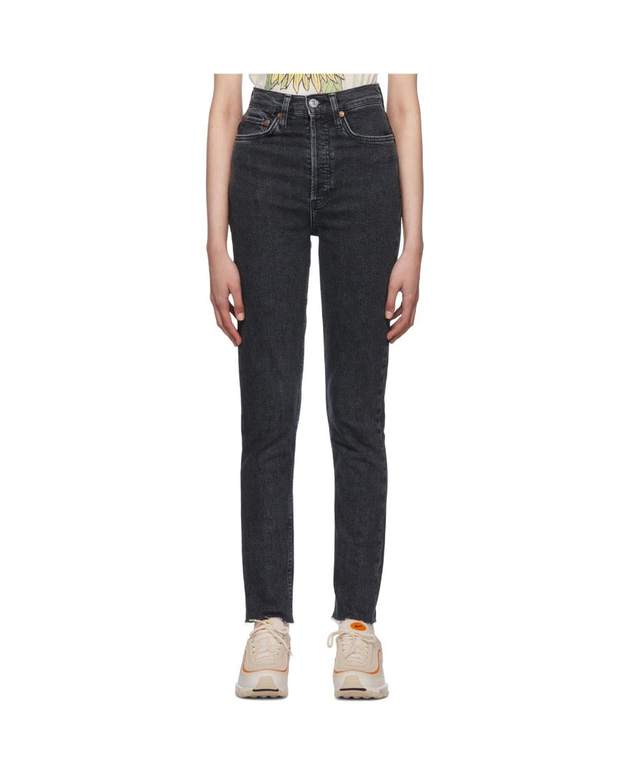 Re/done 70s Frayed High-rise Bootcut Jeans In Black