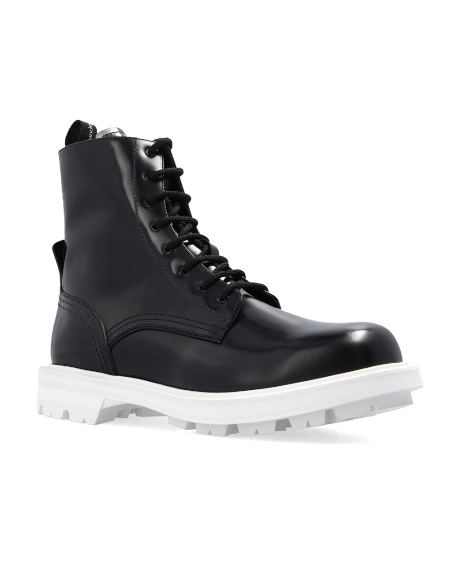 Alexander Mcqueen Patent-leather Lace-up Boots In Black