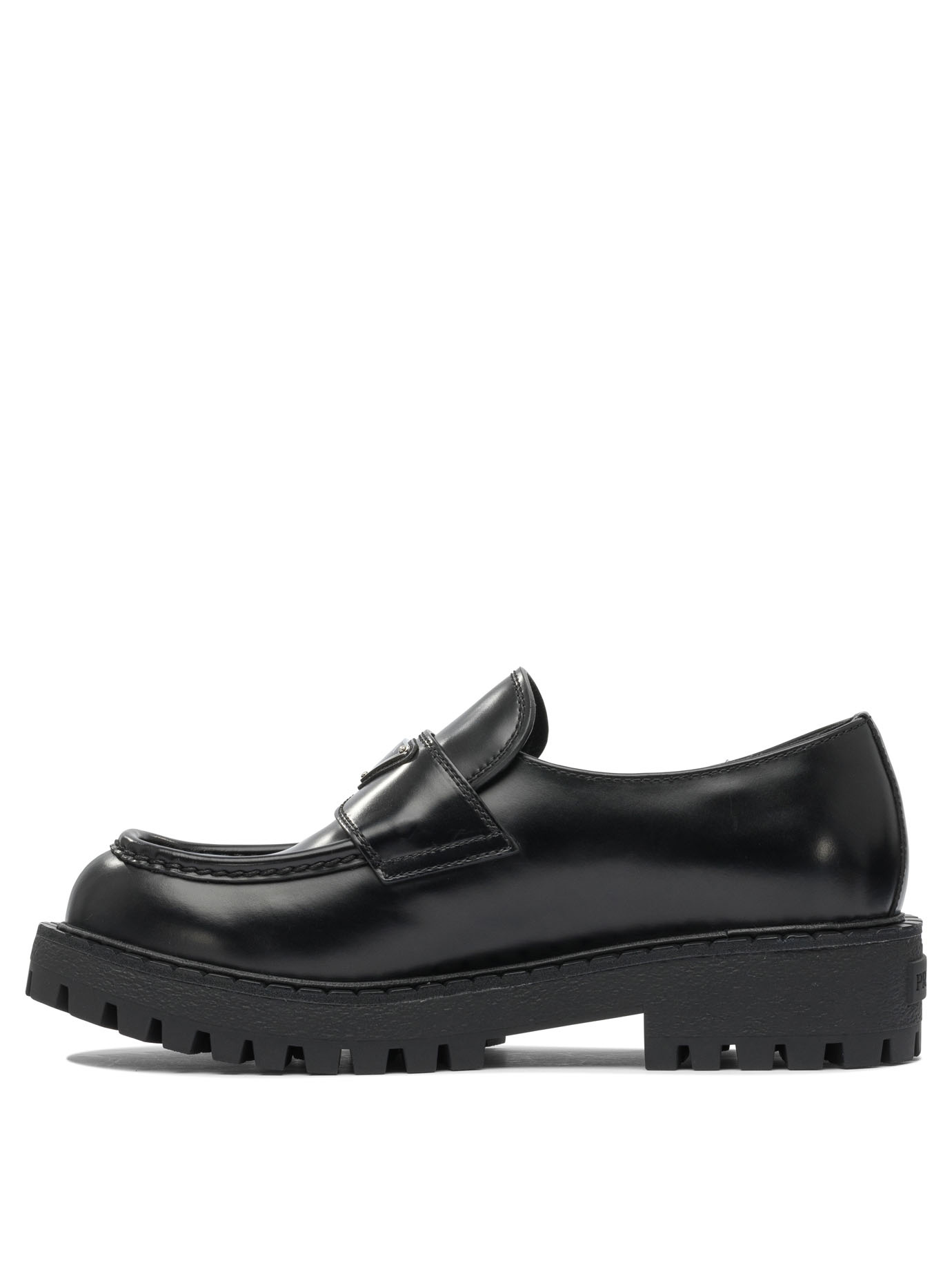 Prada Polished Black Leather Loafers With Chunky Rubber Sole