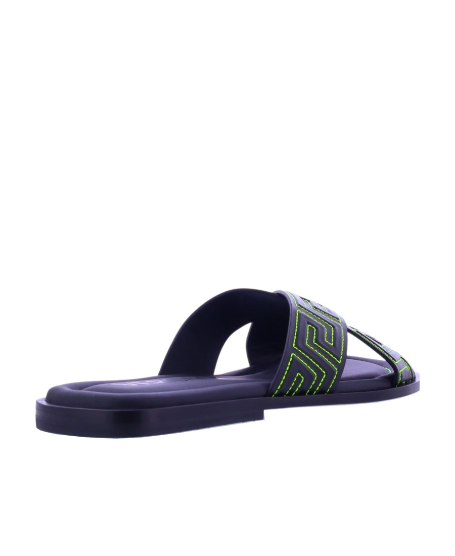 Versace Greca Leather Slides In Black
