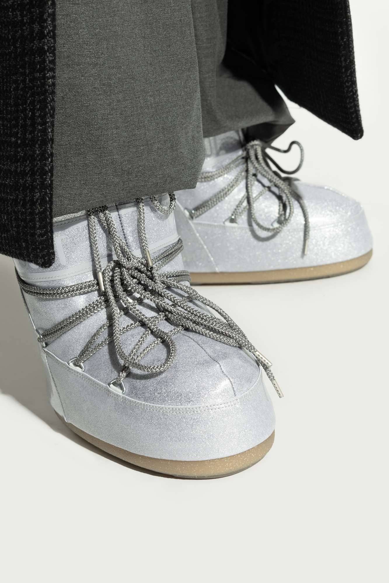 Moon Boot Icon Low Glitter Lace-up Boots In Gray