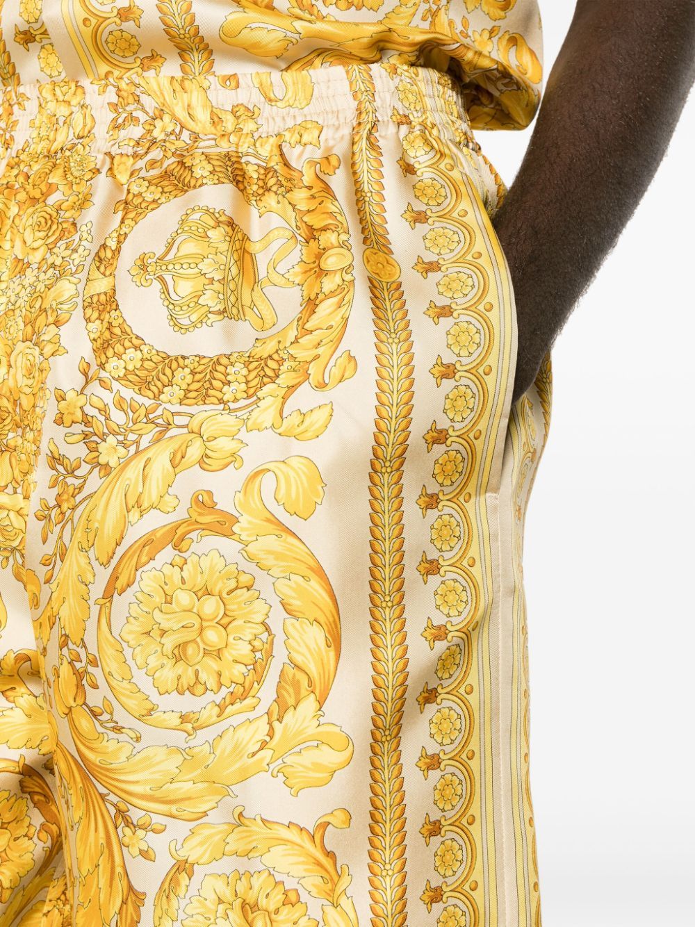 Versace Golden Barocco Print Silk Shorts In Yellow