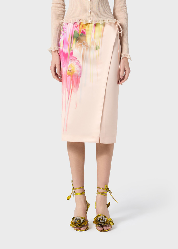 Blumarine Midi Skirt In Duchesse With Liquid Flower Print In Nude