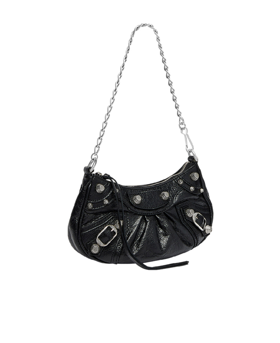 Balenciaga Green Leather Shoulder Handbag With Magnetic Closure And Metal Details In Black