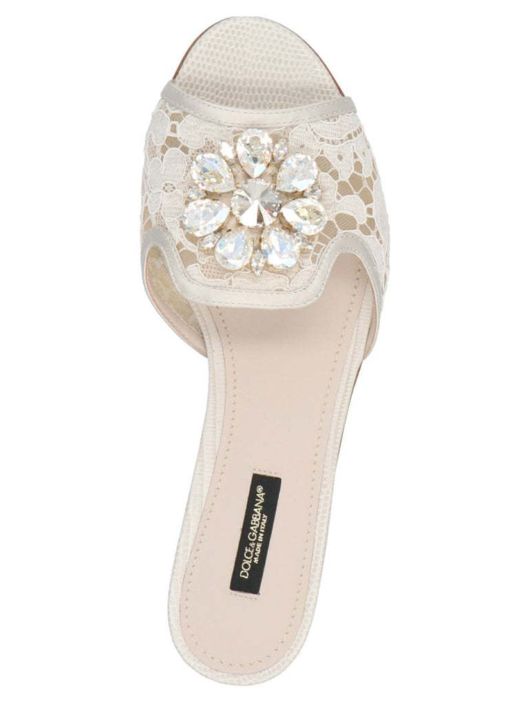 Dolce & Gabbana Lace Sliders With Crystals In Nude