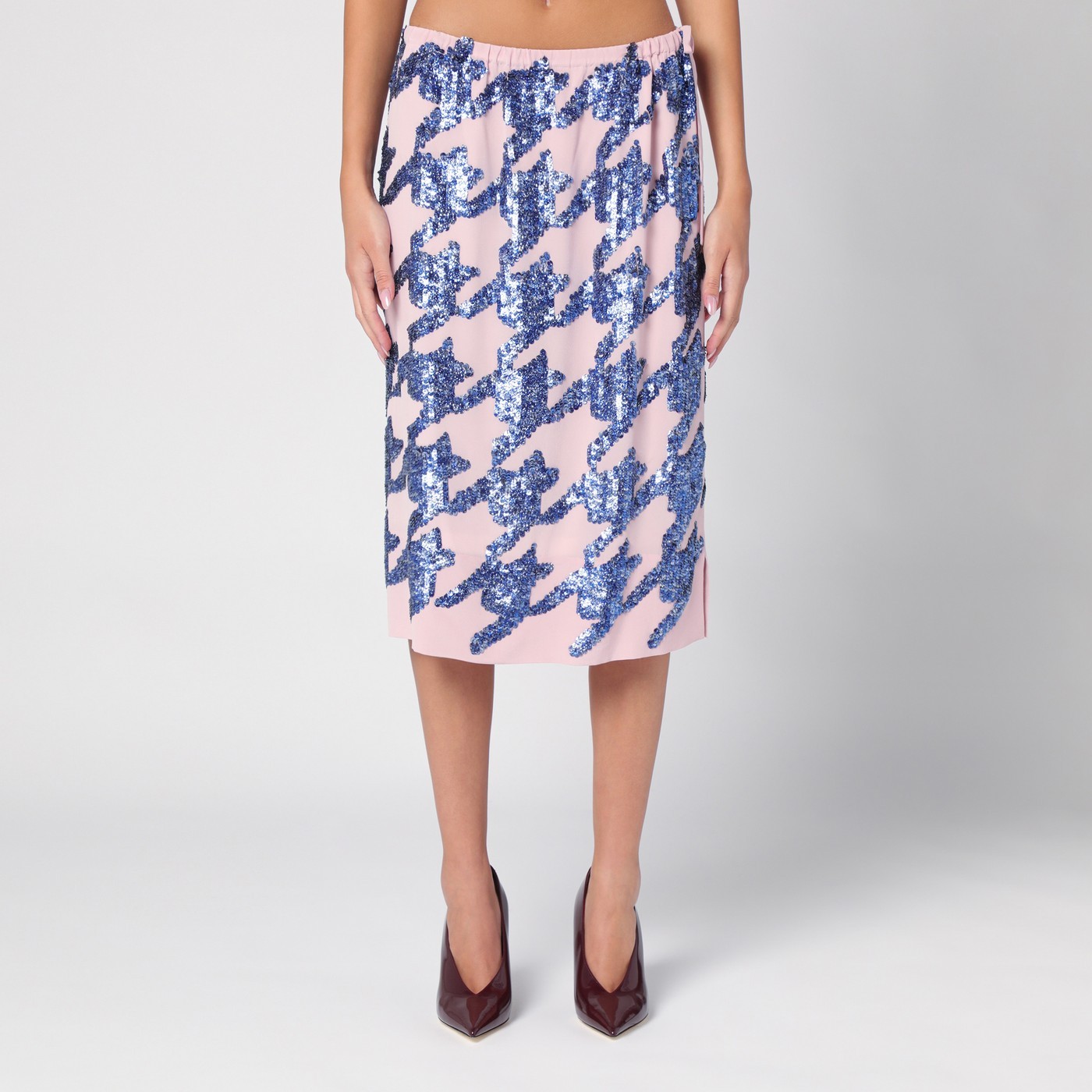 Dries Van Noten Sequin Silk Skirt Houndstooth Pattern In Blue