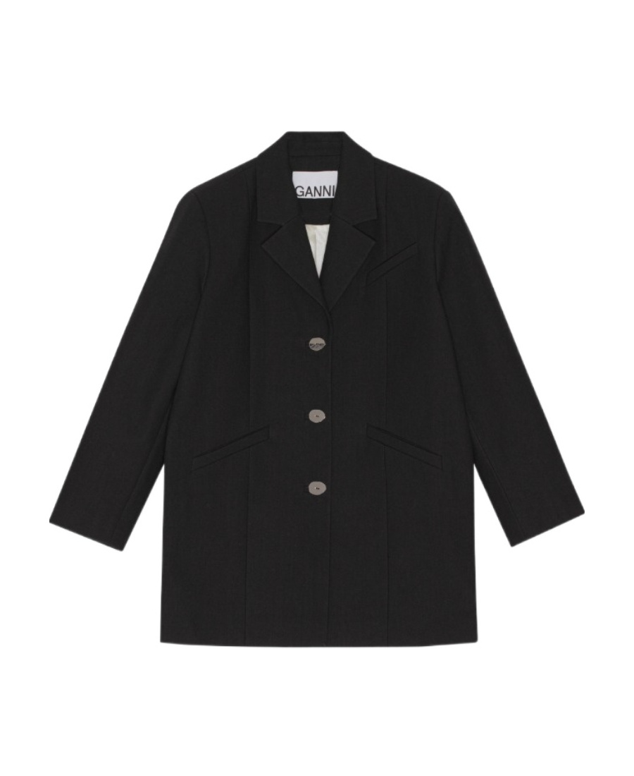 Ganni Single-breasted Shoulder-pads Blazer In Black