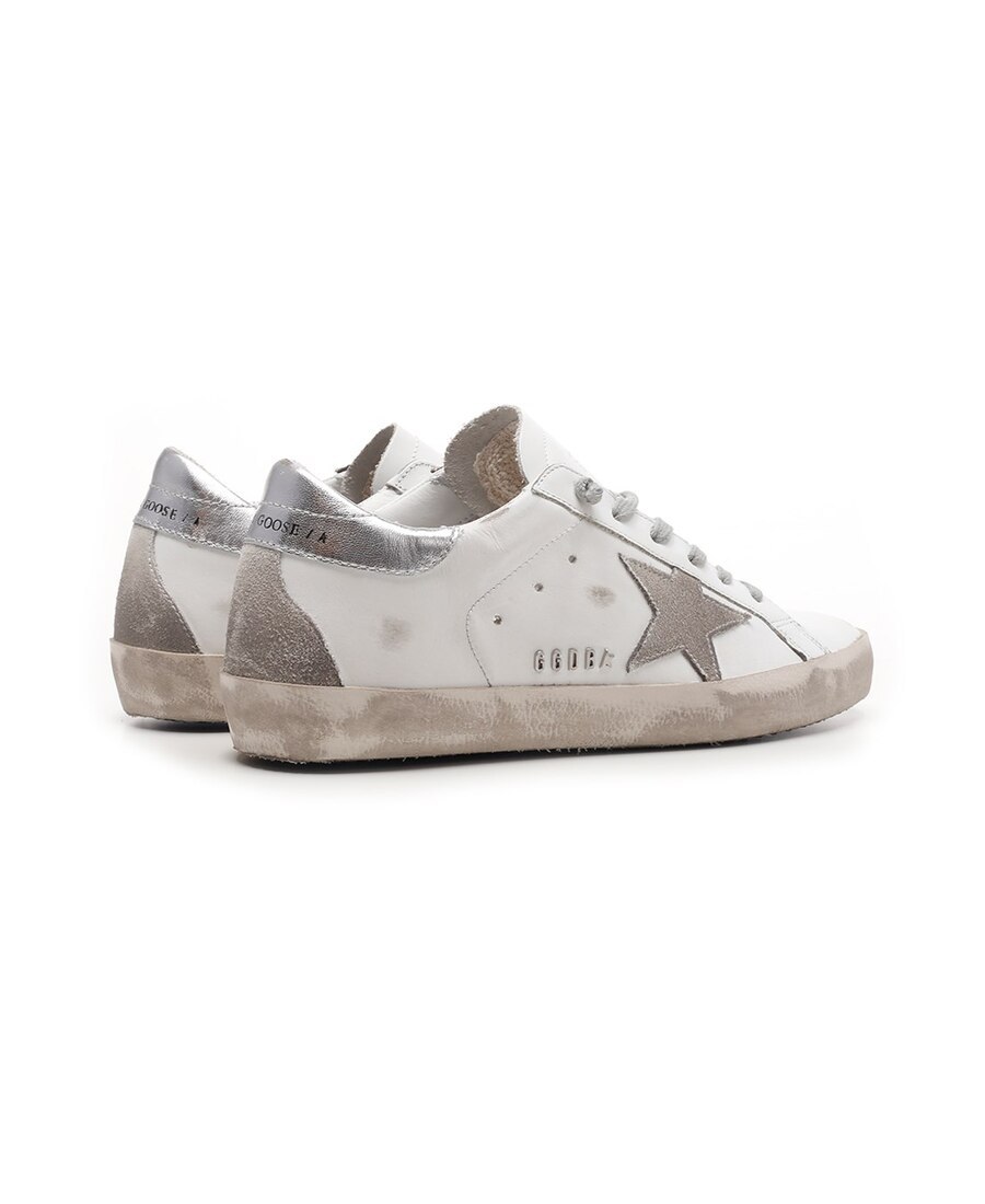 GOLDEN GOOSE MENS SUPER-STAR SNEAKERS WITH SILVER HEEL TAB AND METAL STUD LETTERING