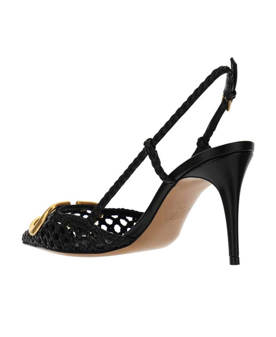 Valentino Garavani Woven Buffed Nappa Leather Pump With Ankle Strap And Logo Hardware In Black