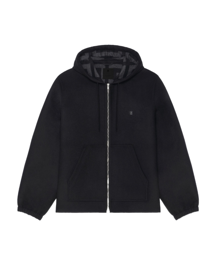 Givenchy Black Zip-up Hoodie With Logo Detail In Wool Man In Black