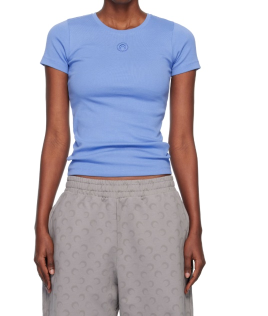 Marine Serre Blue Moon Logo Ribbed Jersey Baby Fit T-shirt In Blue