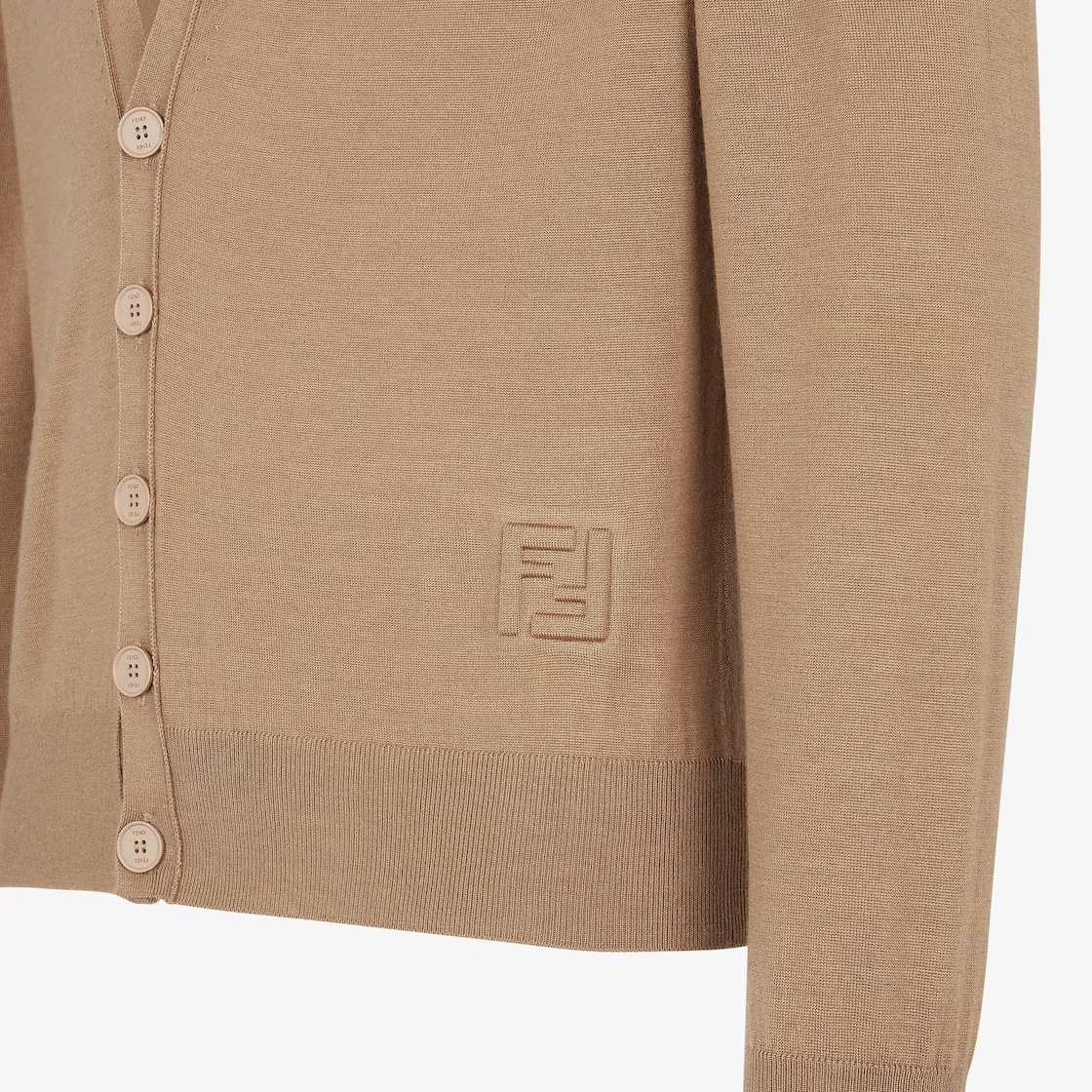 Fendi V-neck Wool Cardigan Ribbed Edges In Nude