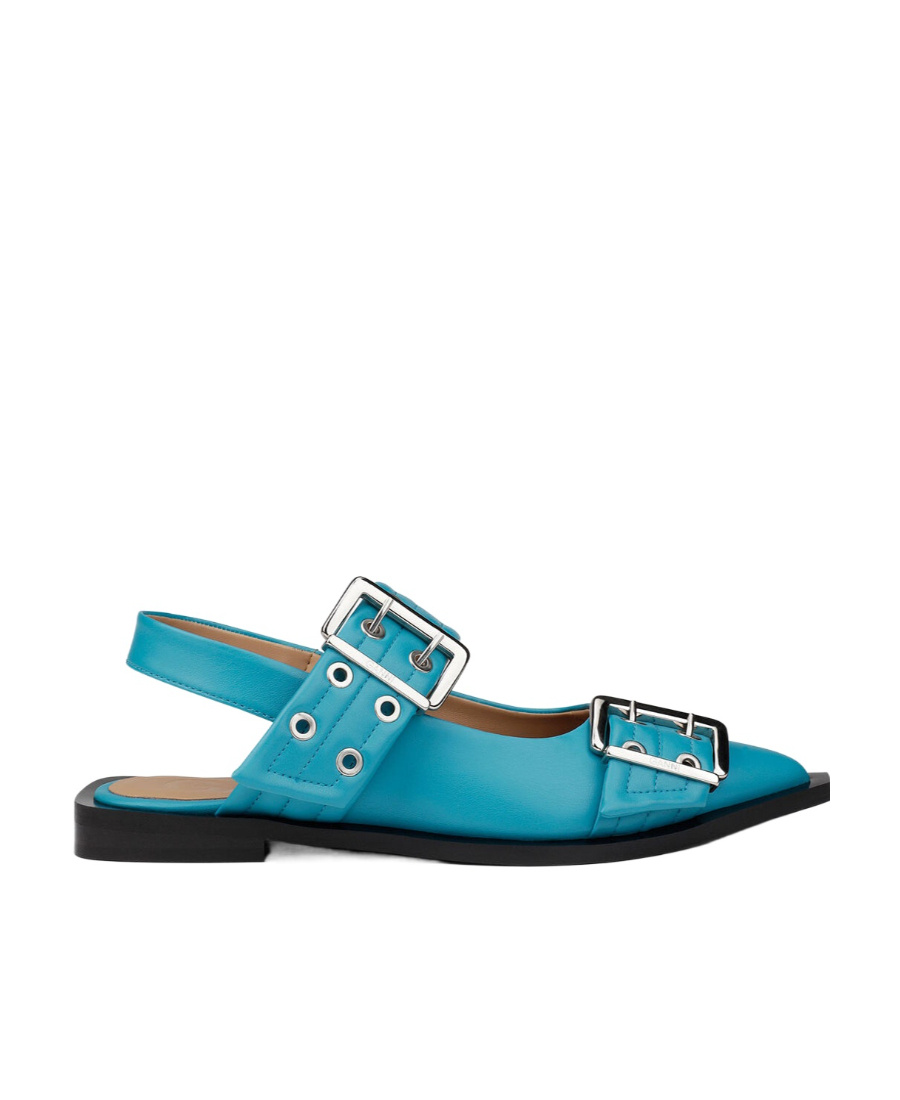 Ganni Blue Feminine Buckle Ballerinas In Blue