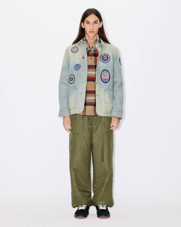 Kenzo Patch Detail Denim Blazer With Front Pockets In Medium Stone Blue Denim