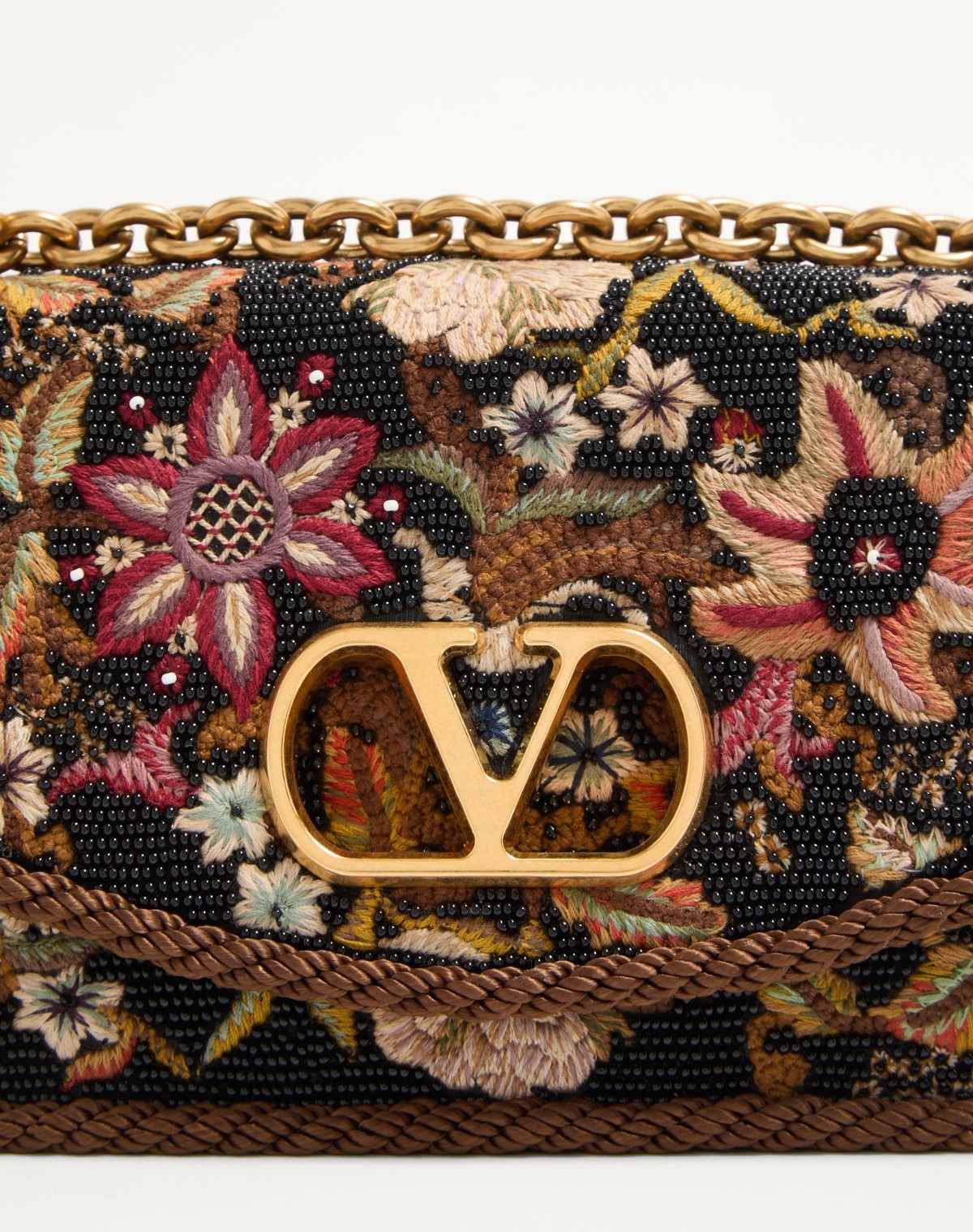 Valentino Vain Embroidered Foldover Top Shoulder Bag In Brown