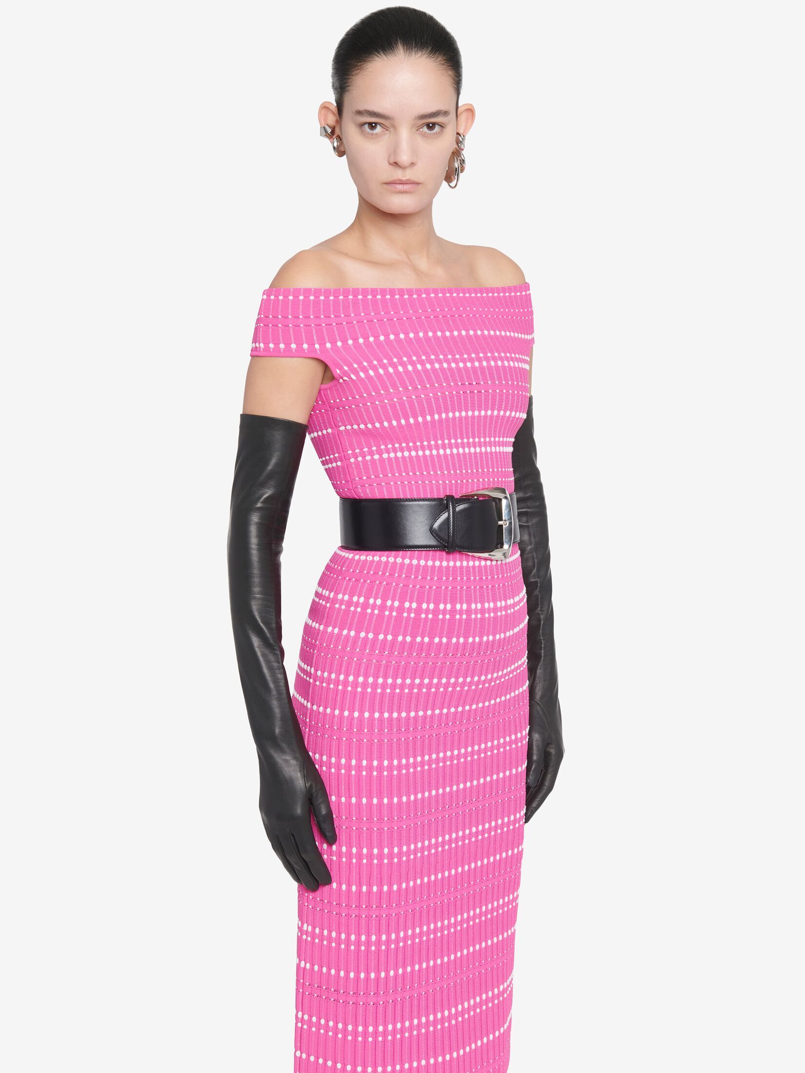 Alexander Mcqueen Open-knit Off-shoulder Top In Pink