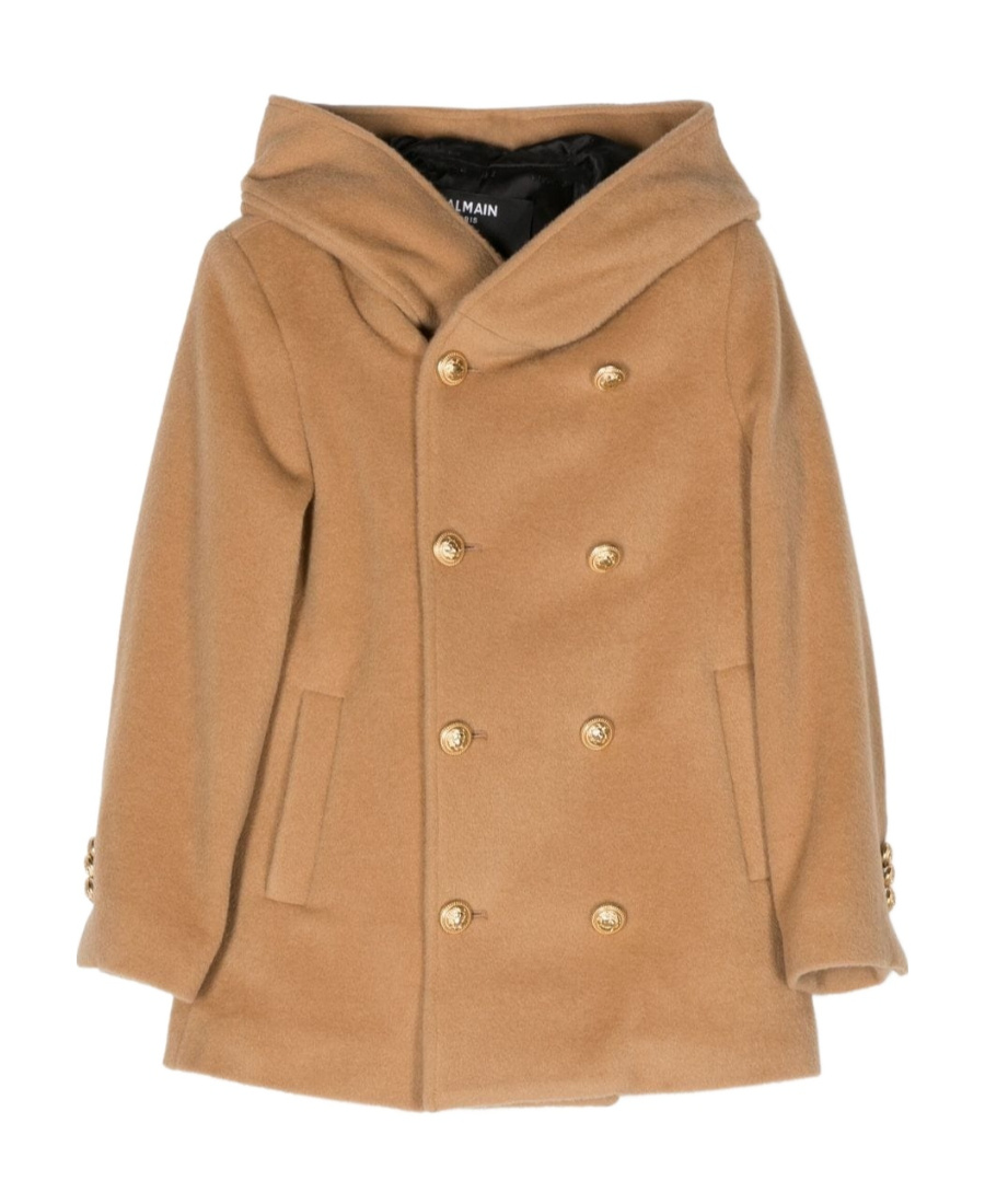 Balmain Double-breasted Hooded Wool Coat In Nude