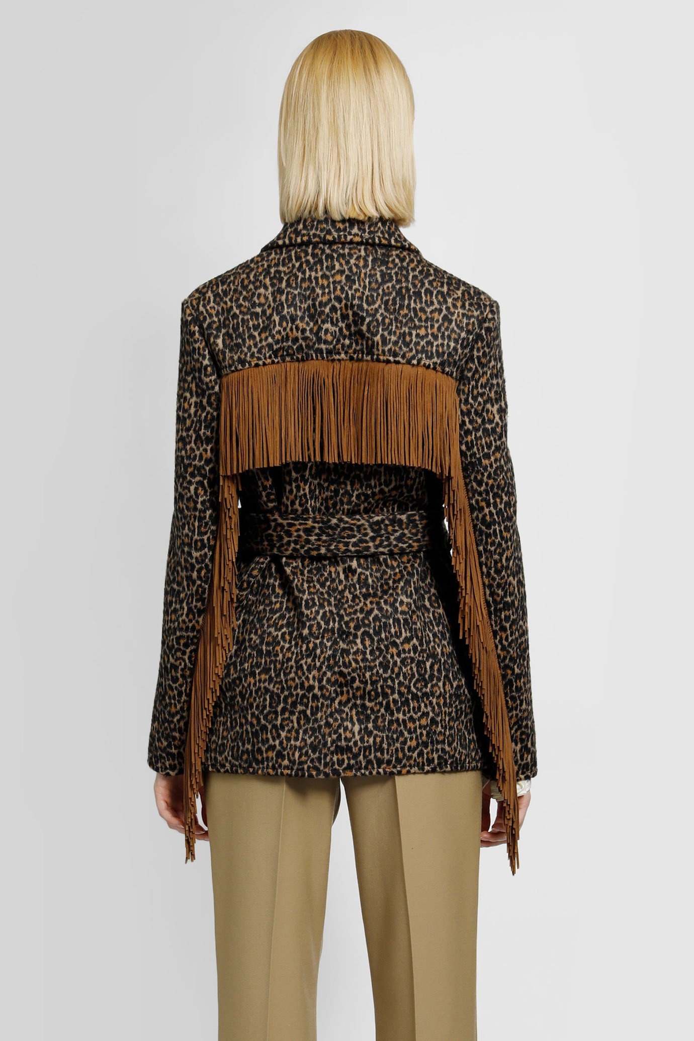 Saint Laurent Belted Fringed Leopard Wool-blend Jacquard Jacket In Black